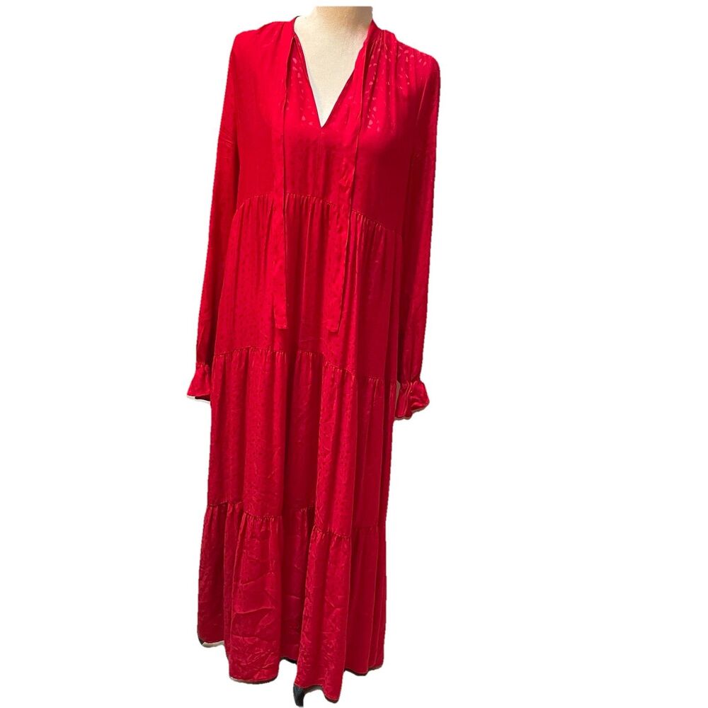 Maeve Anthropologie Wendy Dress Womens Medium Red Tiered Maxi Tie Neck Boho EUC